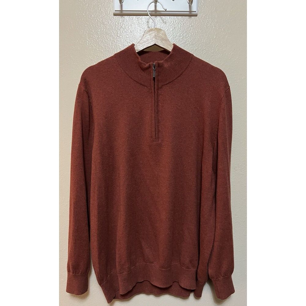 LL Bean Sweater Cashmere Cotton Blend Burnt Orange Pullover 1/4 Zip Mens Size XL